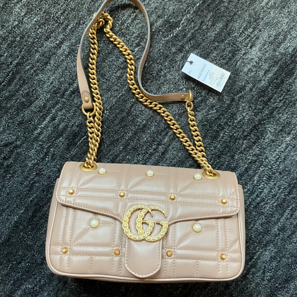 Gucci-GG Marmont Flap leather & Faux Pearl crossbody bag-NWT-Beige, Leather